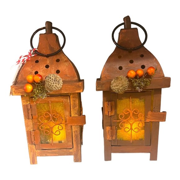 Hand Crafted Decoupaged and Hand-Painted Candle Metal Lanterns Set of 2 Lamps - Picture 8 of 11